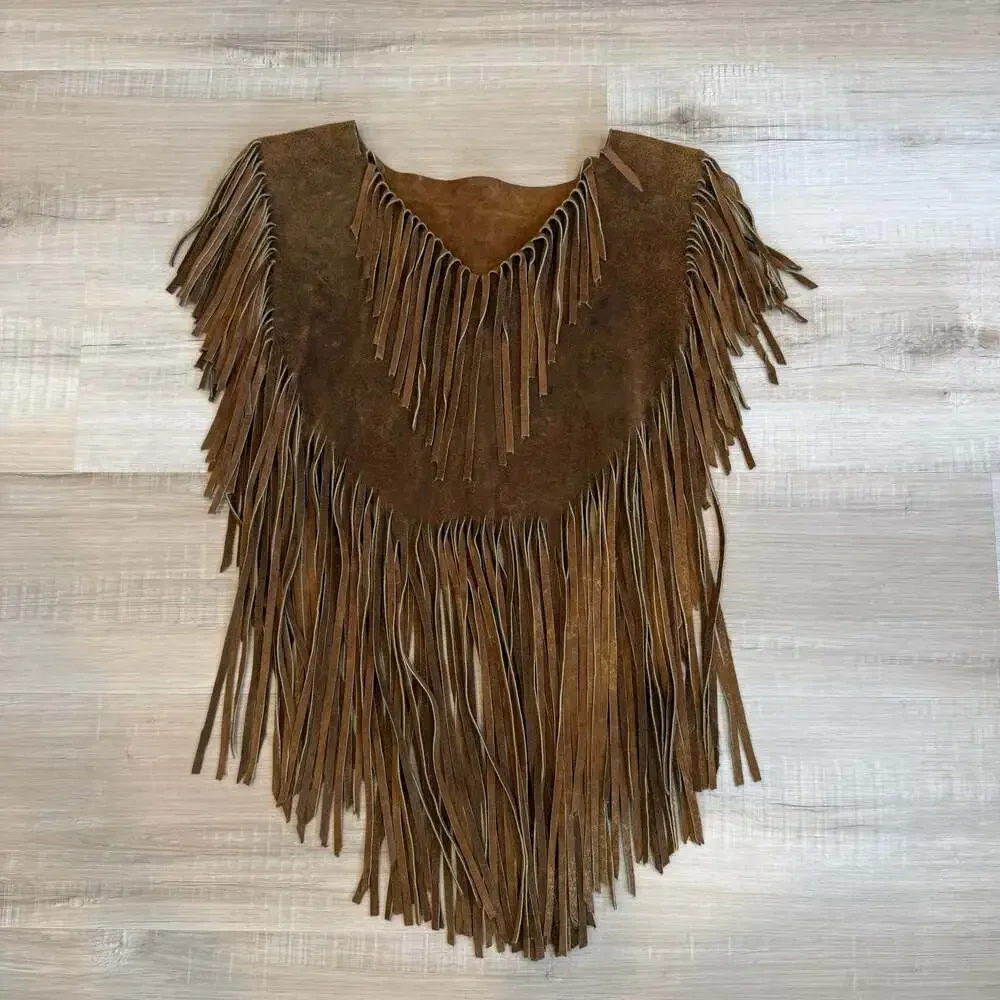 Vintage Brown Suede Leather Fringe Western Cowgirl Poncho Cape - Picture 3 of 7
